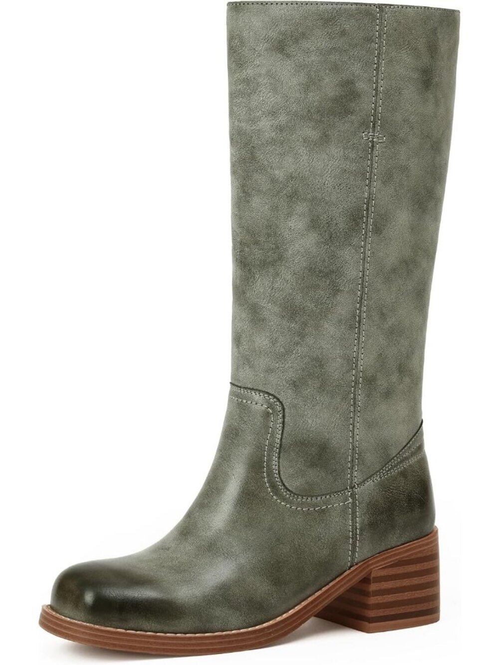 Women's Green Chunky Block Low Heel Square Toe Trendy Stylish Mid Calf Boot